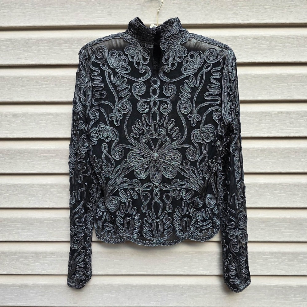 Y2K Cache Sheer Mesh Top Womens L Black Silver Metallic Whimsigoth Fairy Grunge - Picture 3 of 8